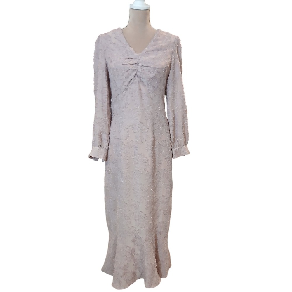 Elegant V Neck Long Sleeve Textured Maxi Dress Blush Pink Modest Regency Large